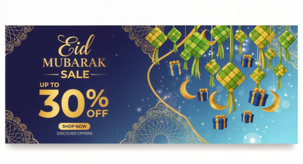 Naklejka premium Eid Mubarak sale offers discounts up to 30 percent on various items for the festive season and encourages people to shop online