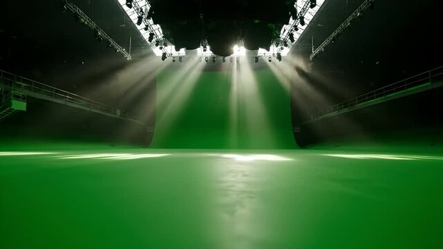Vast empty studio with green screen and dramatic lighting