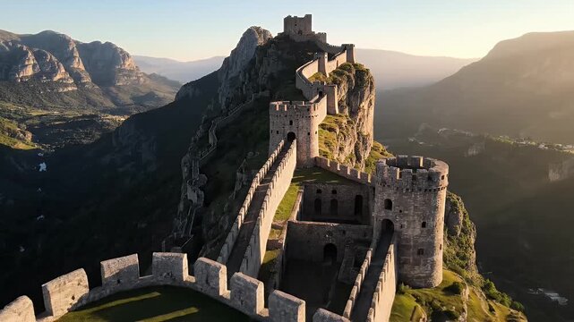 Ancient stone fortress sprawls across a rugged, sun-drenched mountain ridge