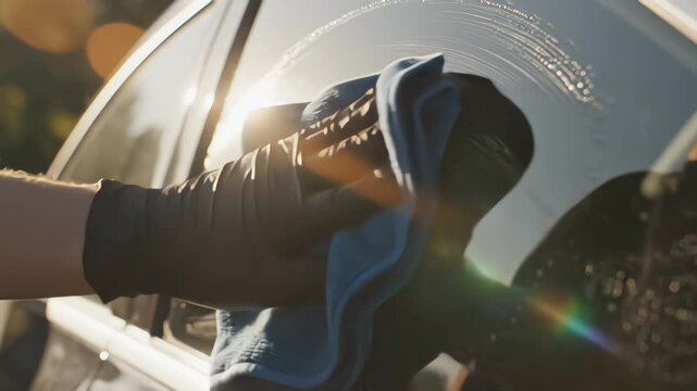 Detailer hand in black glove wiping car window with blue microfiber cloth under bright sunlight