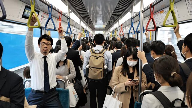 Crowded interior of a subway train in Tokyo Japan with business commuters wearing masks and holding straps during rush hour