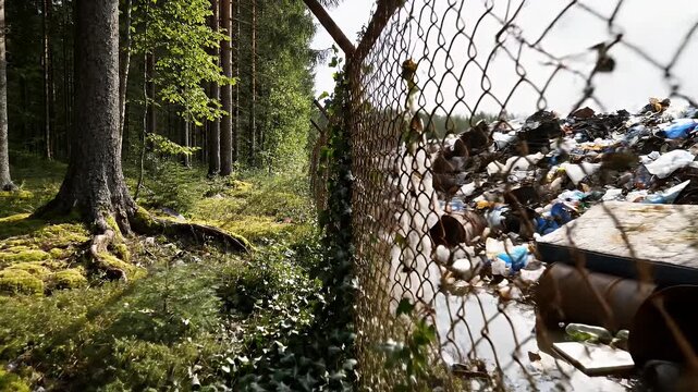 A fence separates a mossy forest from a pile of discarded trash
