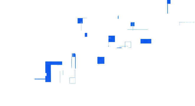 An abstract field of scattered, emissive neon blue geometric shapes (blocks, lines, dashes) mimicking corrupted data on a transparent void background. Concept of digital disruption and glitch art.