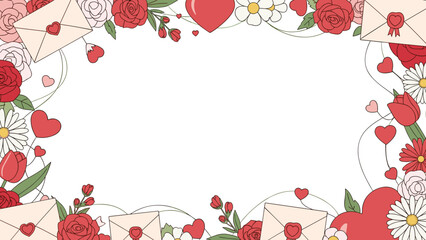 Beautiful floral border with hearts and envelopes for valentines day or love themed designs with flowers and leaves