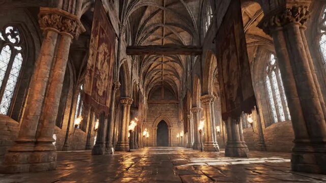 Majestic Gothic Church Interior with Vaulted Ceilings, Arches, and Pillars Illuminated by Light