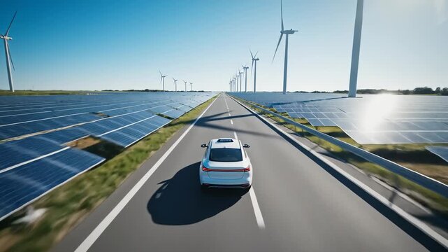 Explore a vibrant drive alongside vast solar fields and towering wind turbines under a clear blue sky. Nature and technology harmonize beautifully.