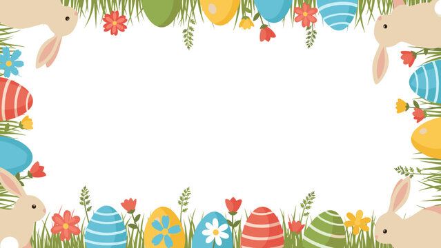 Easter eggs and bunnies in grass with flowers border frame decoration for spring holiday