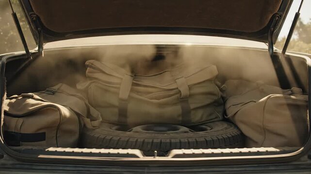 A trunk lifts to unveil bags covered in a soft layer of dust, hinting at recent travels. Sunlight filters in, creating a warm atmosphere inviting exploration and memories.