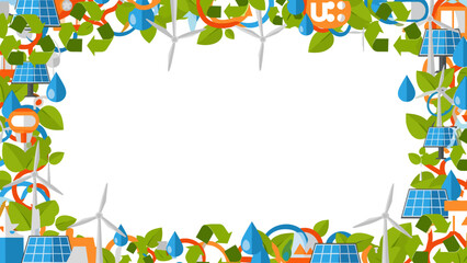 Fototapeta premium Eco friendly border frame with green leaves and sustainable energy icons on for eco friendly business presentation