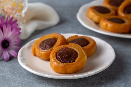 Greek Traditional Delights Syrup Pastries, Roxaki or Roxakia - Turkish name; Karag&ouml;z tatlisi or Karagoz tatlisi