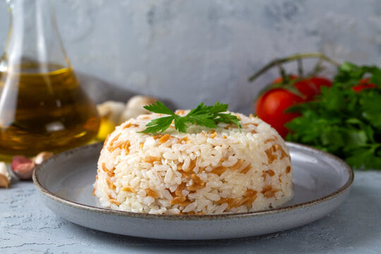 Traditional delicious Turkish food; Turkish style rice pilaf (Turkish name; Arpa sehriyeli pirinc pilavi)