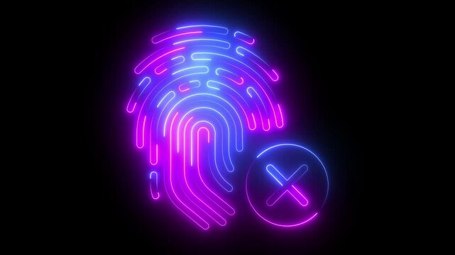 Neon fingerprint icon with cross sig.Biometric security video background featuring a glowing neon fingerprint icon. Abstract technological fingerprint animation on a sleek black backdrop
