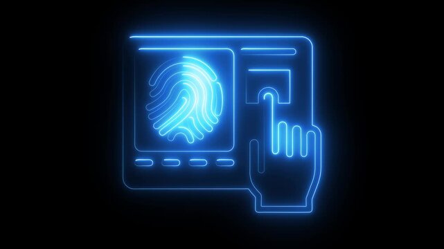 neon glowing Fingerprint QR code scanner animated. finger print fingerprint lock secure security. Handprint icon animation.4k video.