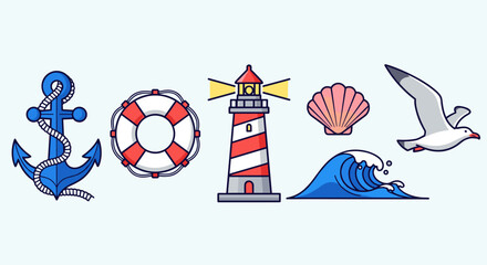 Nautical icons including anchor, lifebuoy, lighthouse, seashell, wave, and seagull on light blue background