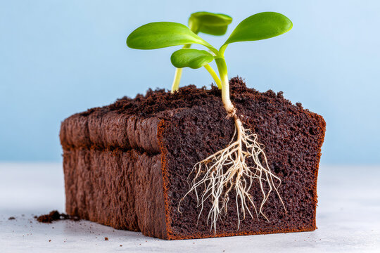 Studio lighting highlights fibrous root system and moist soil around emerging seedling