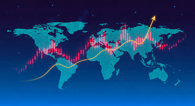 World map overlayed with red candlestick chart and yellow arrow trend line on blue background, representing global market, finance, and economy