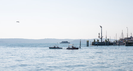 Lake constance Meersburg harbor with boats and car ferry