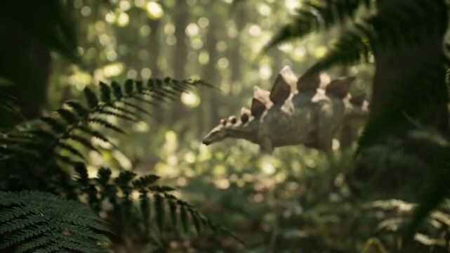 Serene stegosaurus grazing in a prehistoric jungle with cinematic bokeh framing