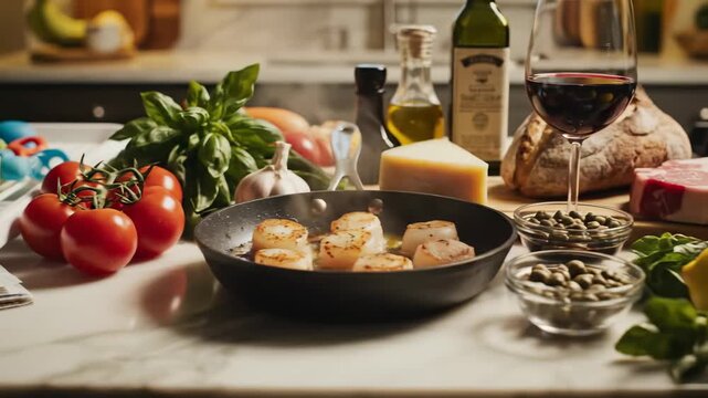 A lively kitchen scene featuring a mix of fresh tomatoes, colorful herbs, and delectable cheeses, complemented by playful baby items and elegant wine. It invites culinary inspiration.