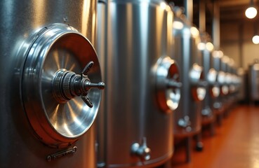 Fototapeta premium Shiny metal tanks line a wine factory floor. These stainless steel containers are used for fermentation and storage of beverages. Modern industry equipment ensures quality production.