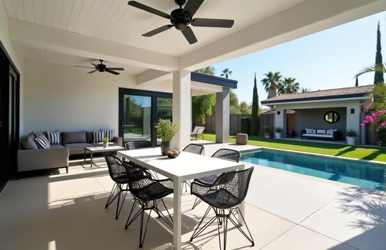 Modern outdoor patio dining set by pool. White table black chairs under ceiling fans. Comfortable lounge sofa nearby. Backyard oasis for relaxation and summer entertainment.