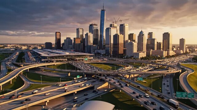 As the sun sets behind towering skyscrapers, traffic ebbs and flows along complex highways. Golden light casts long shadows, highlighting the vibrant energy of urban life.
