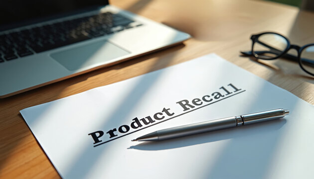 Product recall notice document with pen and laptop on desk. Formal business paperwork for safety action and company compliance. Official warning communication on table.