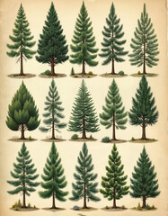 Obraz premium Collection of vintage pine tree illustrations. Various coniferous species shown with detailed branches and foliage. Botanical art features evergreen plants against a neutral background.