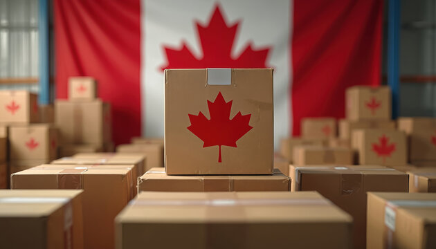 Cardboard shipping boxes with red maple leaf symbols are stacked in warehouse. Canadian flag hangs large in background, suggesting national logistics and distribution operations for e-commerce.