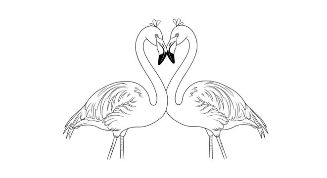 Two flamingos standing side by side in a loving embrace formation with their necks intertwined