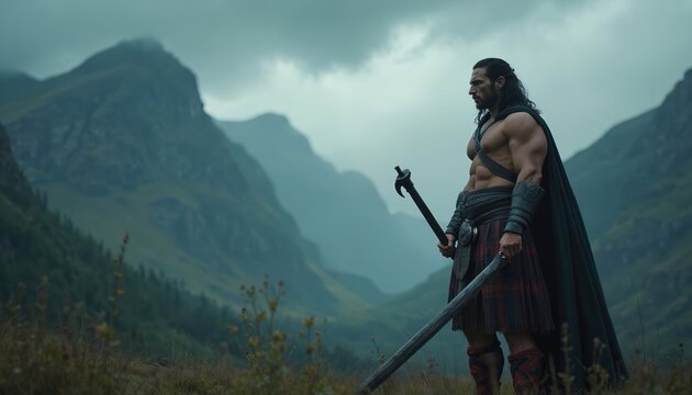 Muscular Scottish man wearing kilt and cape with swords stands on grassy hill. He is ready for battle in misty mountains. This warrior symbolizes strength and freedom in rugged landscape.