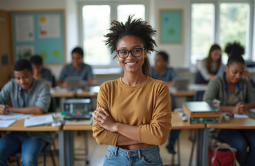 Obraz premium Young woman with glasses smiles confidently in classroom. Students learn tech skills at desks in background. Diverse youth engage in vocational training, pursuing careers in education.