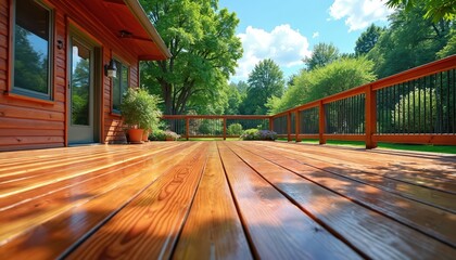 Fototapeta premium New cedar wood deck patio looks shiny after fresh stain. Outdoor wooden backyard area with green trees and blue sky. House exterior and natural setting.