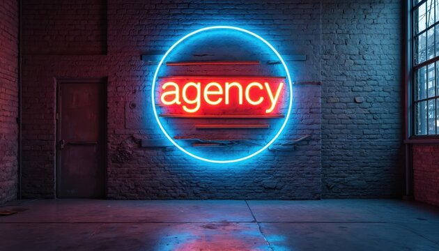 Bright neon sign with word agency glows in blue circle on old brick wall. Modern business concept for advertising marketing and communication services.