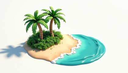 Obraz premium Minimalist isometric view of a small tropical island with two palm trees and rich green foliage. Sandy beach meets bright turquoise ocean waves, creating a serene paradise scene.