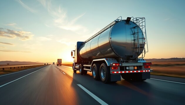 Large tanker truck travels on highway at sunset. Vehicle transports bulk liquid cargo on an open road. Automotive industry logistics and shipping.