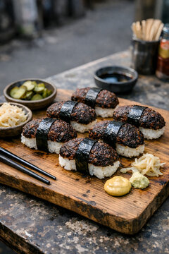 Ultra-realistic street food photography of Spreewald gr&uuml;tzwurst nigiri sushi on a rustic wooden board, blending German comfort food with modern sushi aesthetics in natural light.