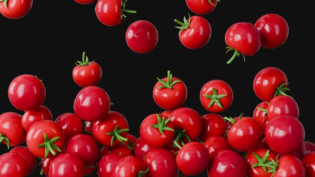 Cherry tomatoes filling the frame and pouring down on a dark graphite background in a seamless loop. Dramatic premium food concept.