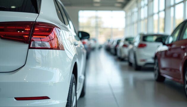 Clean bright showroom displays many new cars in neat rows. Buyers inspect auto models inside modern dealership. Opportunities for purchase financing and vehicle deals.