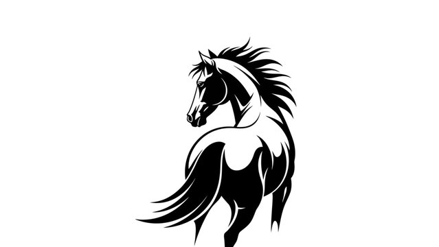 a powerful black and white horse vector graphic in a dynamic pose looking back isolated on white evoking equestrian spirit ideal for branding.