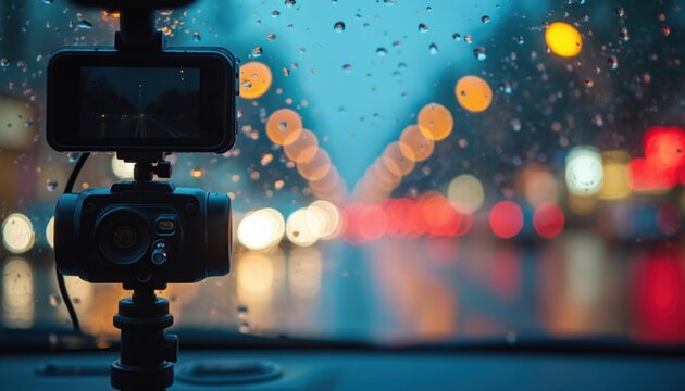 Car dashcam records road at night. Raindrops on windshield blur city lights. Auto security camera captures driving view for evidence. Footage protects against claims.