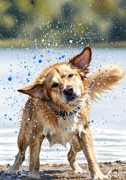 Watercolor Illustration of a Golden Retriever Shaking Off Water