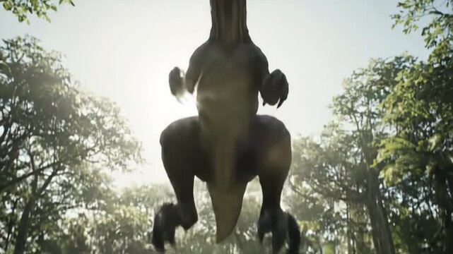 Intense velociraptor pouncing through jungle grass in cinematic low angle