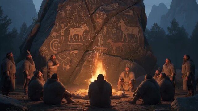 A tribe around a campfire at a rock with petroglyphs. A group of people in fur clothes are sitting and standing around a large bonfire near a stone wall with ancient drawings of animals