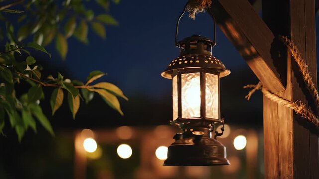 4k cinematic lantern hanging on wooden porch at dusk slow motion footage
