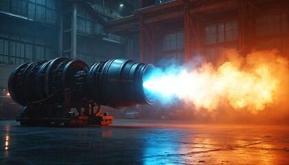 Naklejka premium Powerful jet engine fires intensely, expelling bright blue and orange flames and smoke. The heavy machinery is tested inside a large industrial facility with dramatic lighting.
