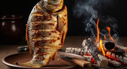 Grilled Masgouf Fish with Tamarind Glaze on Rustic Clay Plate