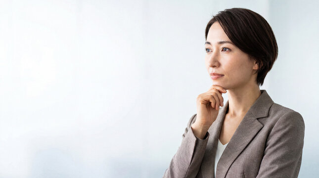 Thoughtful businesswoman with hand on chin looking away against white background. Female executive thinking for strategic planning, decision making and leadership development.