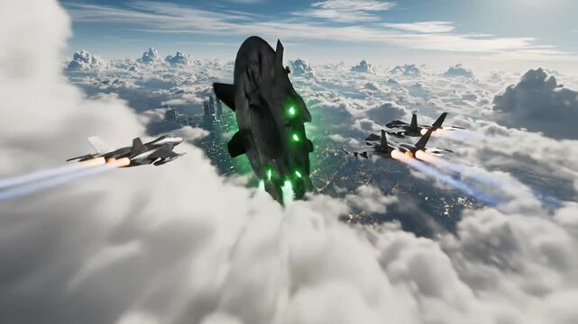 Futuristic Fighter Jets Escort Advanced Aircraft Over Cloud-Covered Cityscape at Dusk
