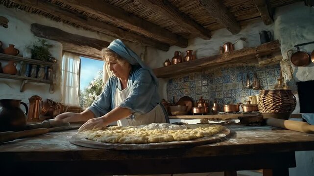 Woman kneads dough on wooden table in cozy kitchen. Natural light enters from windows, highlighting wooden accents and pottery. Concept of baking, culinary arts, home cooking